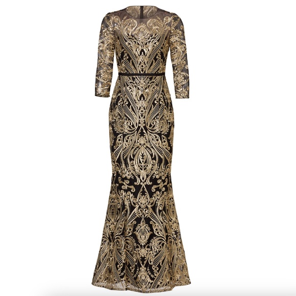 Marchesa Notte Moises Embroidered Gown Maxi Dress Gold Back Lace - Size 4 - Picture 12 of 12